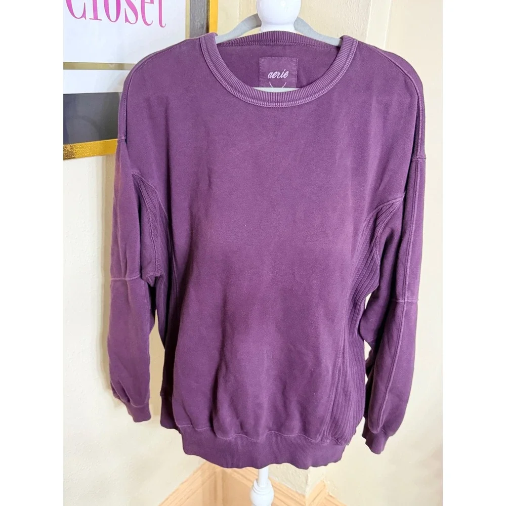 Aerie Womens Small Plum Purple Ribbed Side Panel Crewneck Sweatshirt Relaxed Fit